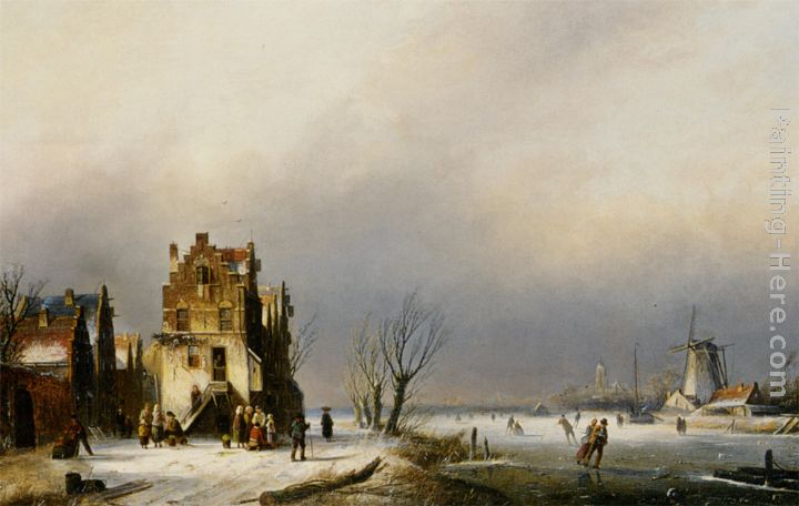 A Winter Landscape with Skaters near a Village painting - Jan Jacob Coenraad Spohler A Winter Landscape with Skaters near a Village art painting